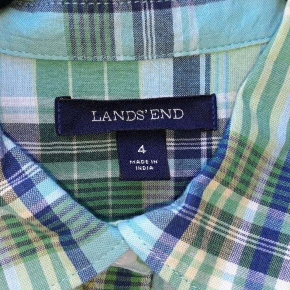 LANDS END BOYFRIEND GREEN MADRAS 3/4 SLEEVE BUTTON UP TOP SHIRT SIZE 4 - Picture 5 of 8